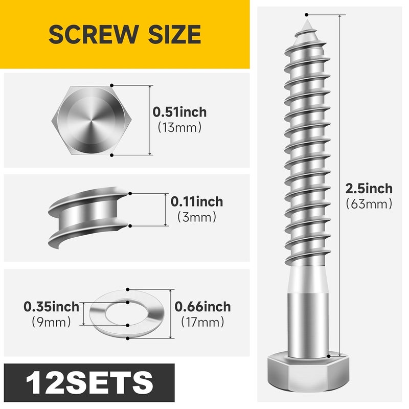 MYWISH (12Sets) 5/16" x 2-1/2" Hex Head Lag Bolts, Heavy Duty Lag Screws with Washers, 304 Stainless Steel Bolts 18-8, Lag Screws Wood Screws, Partial Thread Bright Finish, 5/16 Bolt by - Image 2